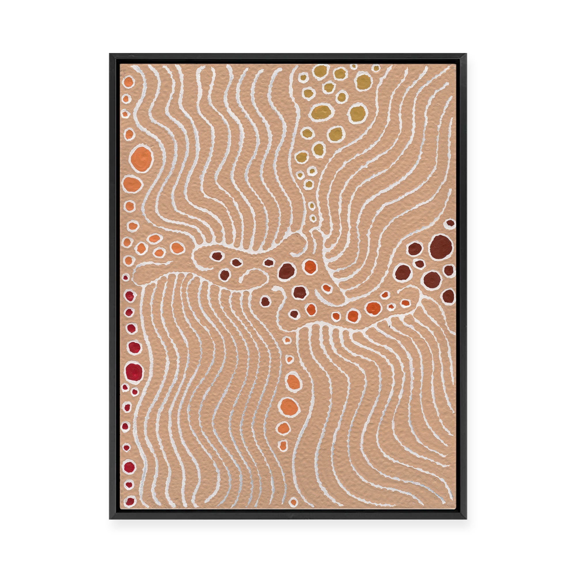 Majardi Jukurrpa (Hairstring Belt/Skirt or Tassel Dreaming) – Mina Mina No.1 | Framed Canvas Print
