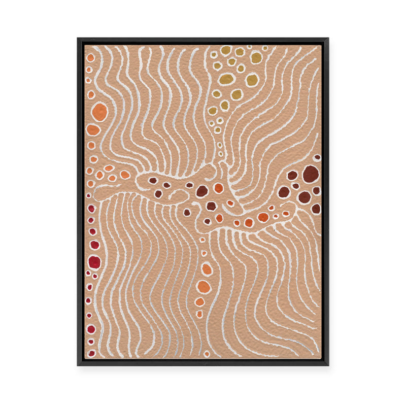 Majardi Jukurrpa (Hairstring Belt/Skirt or Tassel Dreaming) – Mina Mina No.1 | Framed Canvas Print
