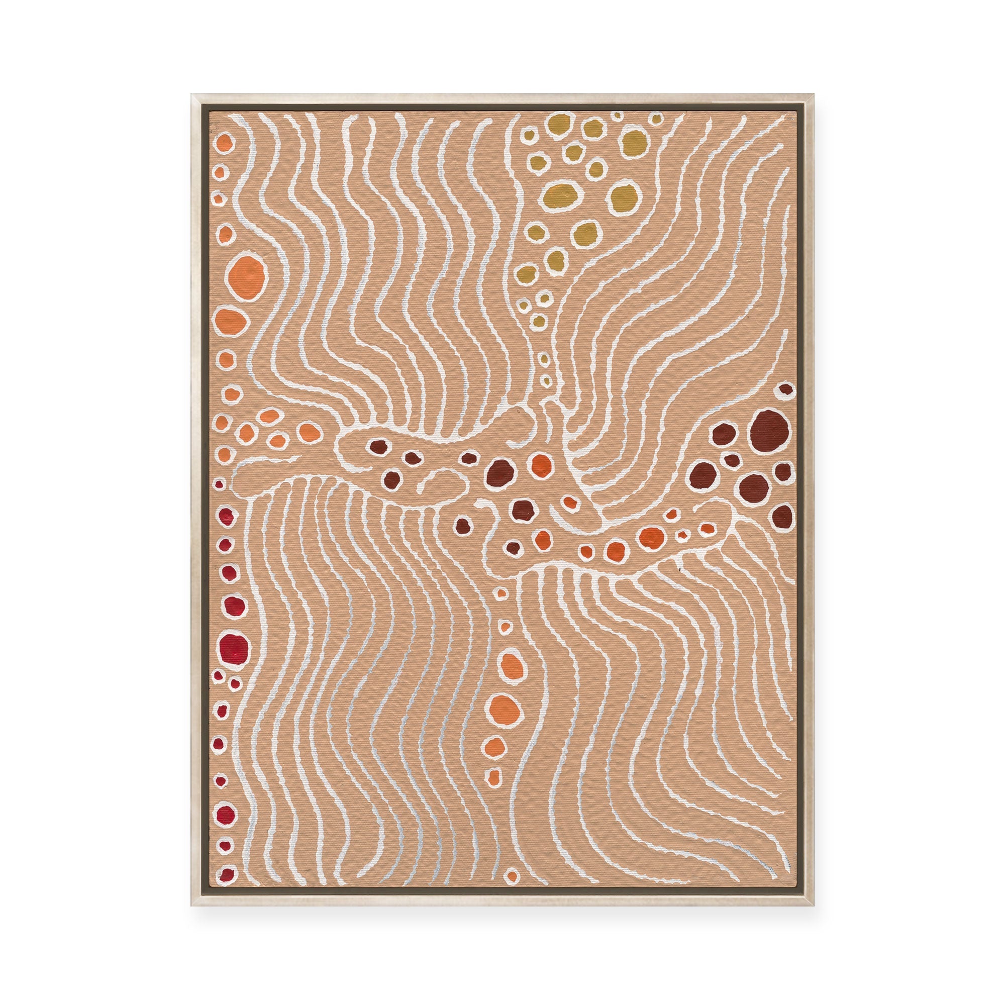 Majardi Jukurrpa (Hairstring Belt/Skirt or Tassel Dreaming) – Mina Mina No.1 | Framed Canvas Print