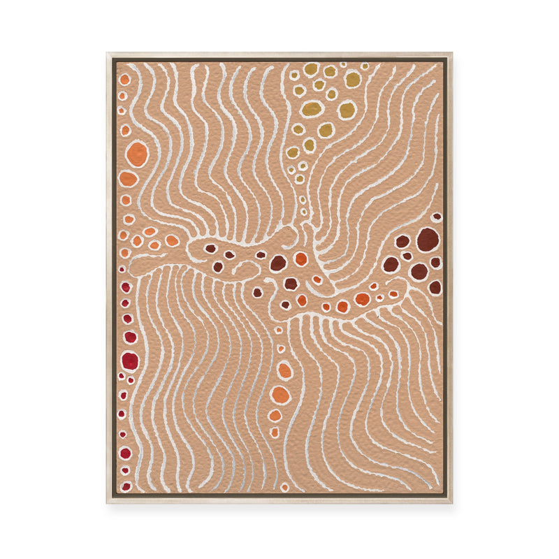 Majardi Jukurrpa (Hairstring Belt/Skirt or Tassel Dreaming) – Mina Mina No.1 | Framed Canvas Print