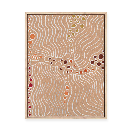 Majardi Jukurrpa (Hairstring Belt/Skirt or Tassel Dreaming) – Mina Mina No.1 | Framed Canvas Print
