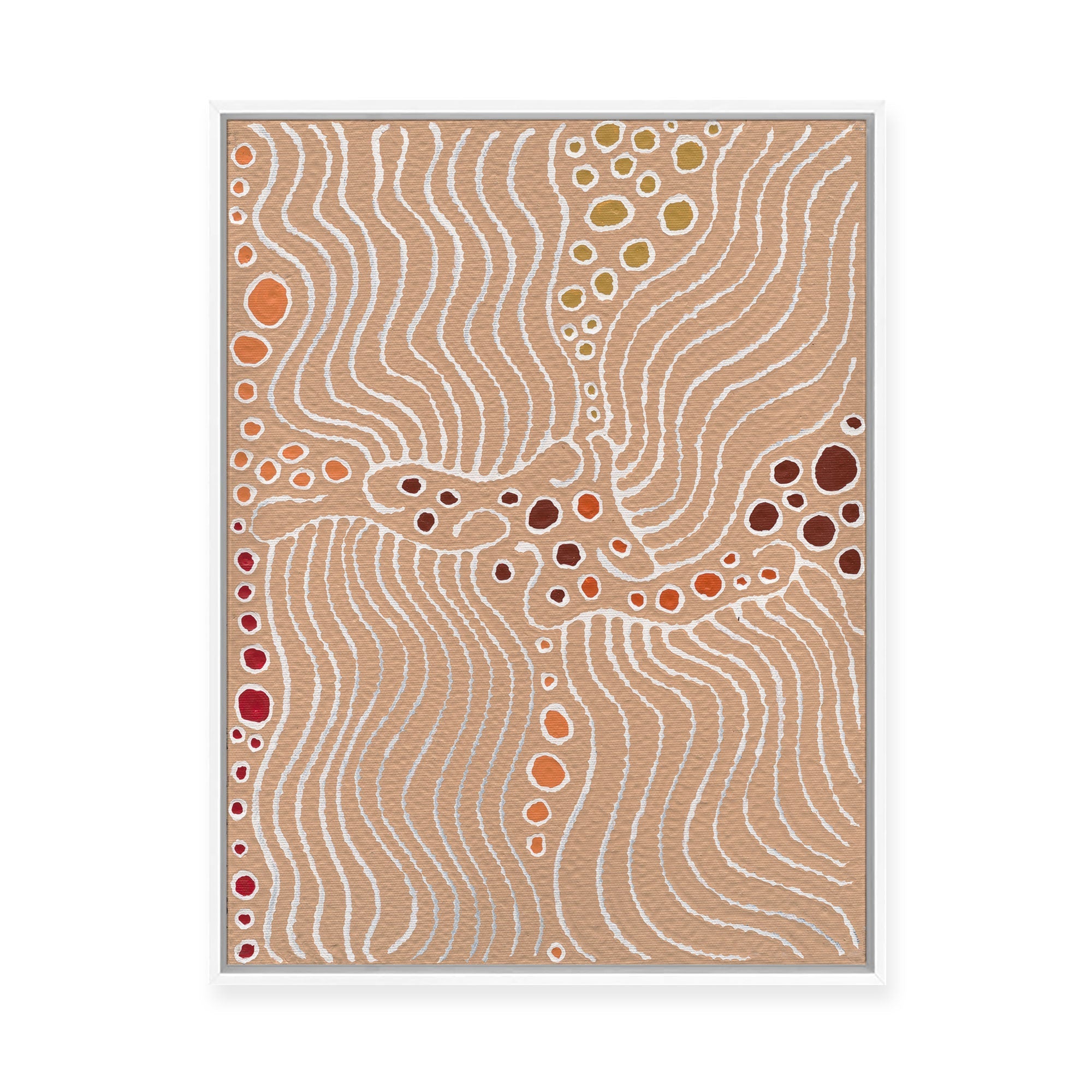 Majardi Jukurrpa (Hairstring Belt/Skirt or Tassel Dreaming) – Mina Mina No.1 | Framed Canvas Print
