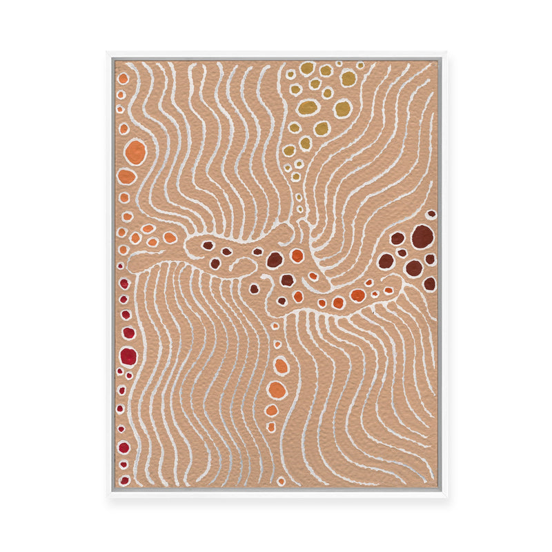 Majardi Jukurrpa (Hairstring Belt/Skirt or Tassel Dreaming) – Mina Mina No.1 | Framed Canvas Print
