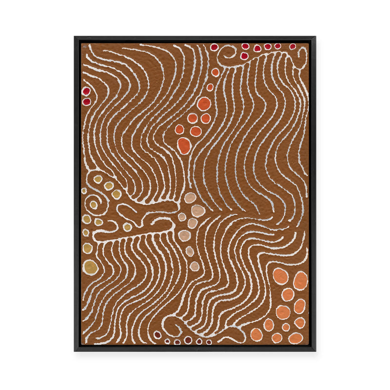 Majardi Jukurrpa (Hairstring Belt/Skirt or Tassel Dreaming) – Mina Mina No.2 | Framed Canvas Print
