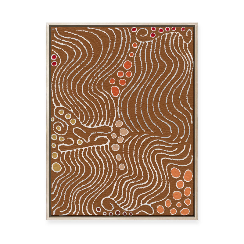 Majardi Jukurrpa (Hairstring Belt/Skirt or Tassel Dreaming) – Mina Mina No.2 | Framed Canvas Print