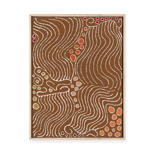 Majardi Jukurrpa (Hairstring Belt/Skirt or Tassel Dreaming) – Mina Mina No.2 | Framed Canvas Print
