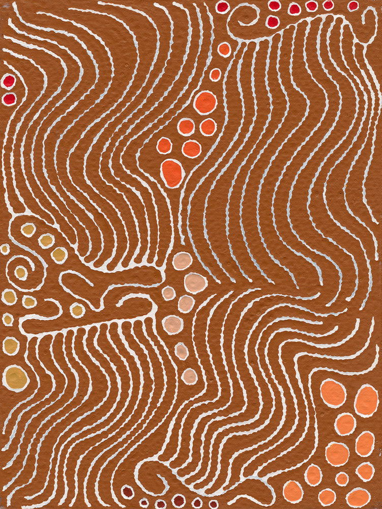 Majardi Jukurrpa (Hairstring Belt/Skirt or Tassel Dreaming) – Mina Mina No.2 | Framed Canvas Print