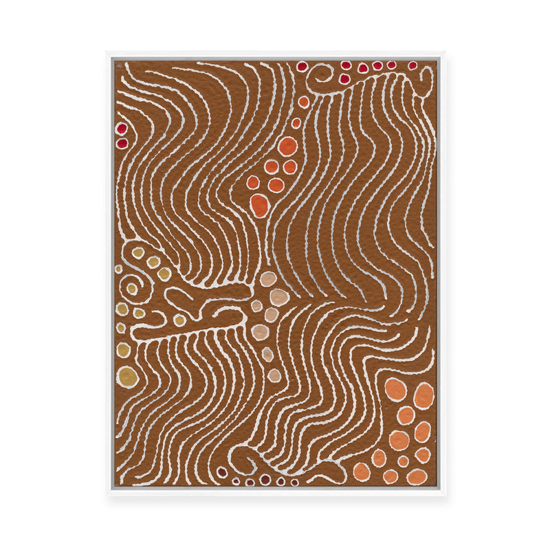 Majardi Jukurrpa (Hairstring Belt/Skirt or Tassel Dreaming) – Mina Mina No.2 | Framed Canvas Print