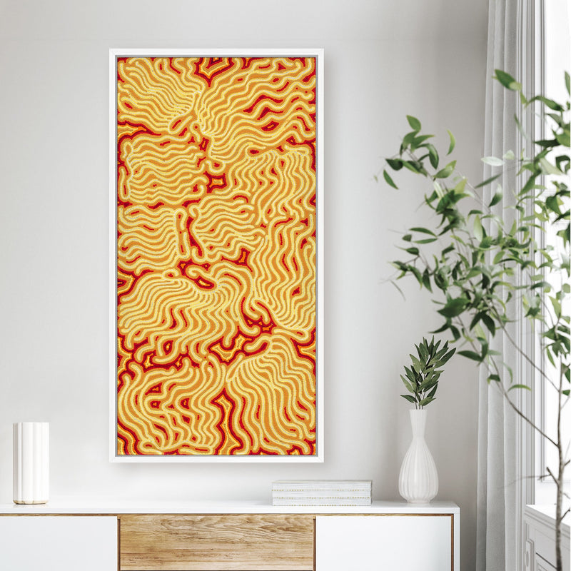Majardi Jukurrpa (Hairstring Belt/Skirt or Tassel Dreaming) – Mina Mina No.3 | Framed Canvas Print