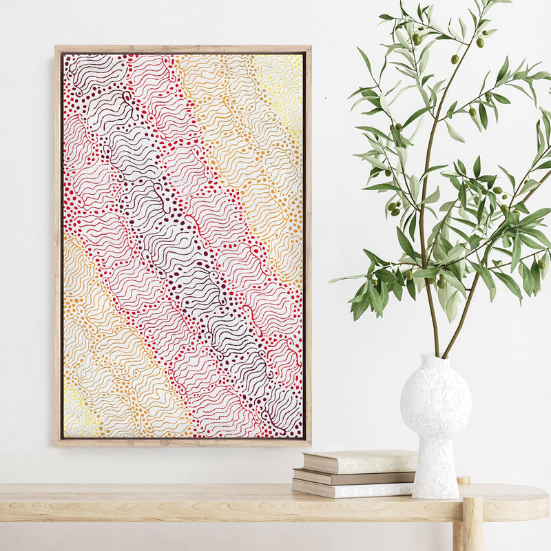 Majardi Jukurrpa (Hairstring Belt/Skirt or Tassel Dreaming) – Mina Mina No.4 | Framed Canvas Print