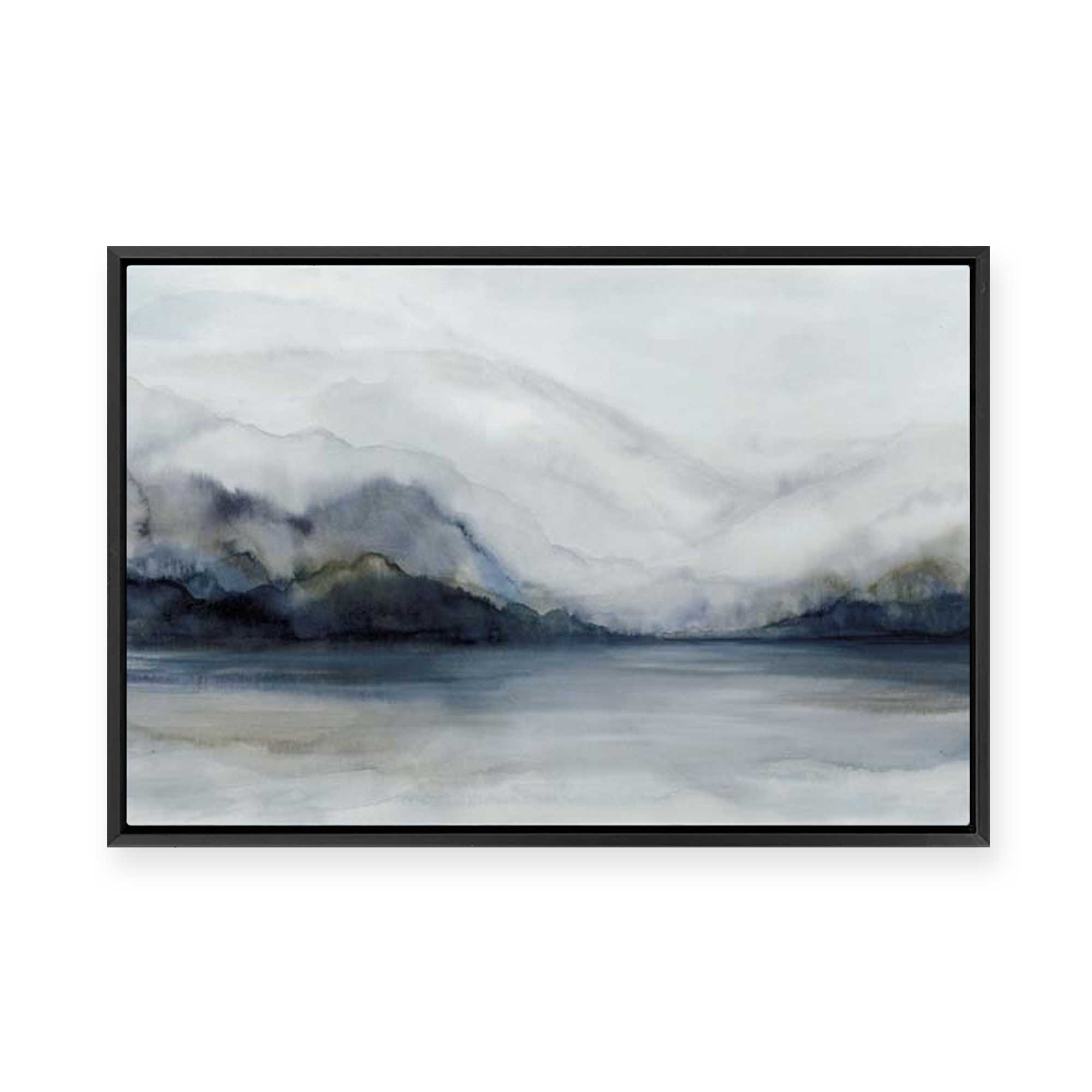 Misty Mountains Over Calm Water | Framed Canvas