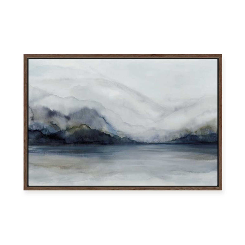 Misty Mountains Over Calm Water | Framed Canvas